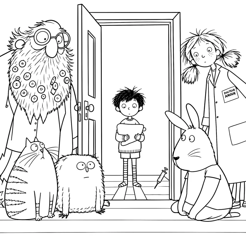 Coloriage à imprimer : Un petit garçon apporte son doudou chez Anouk, entouré d’un monsieur barbu, d’un chat et d’un lapin