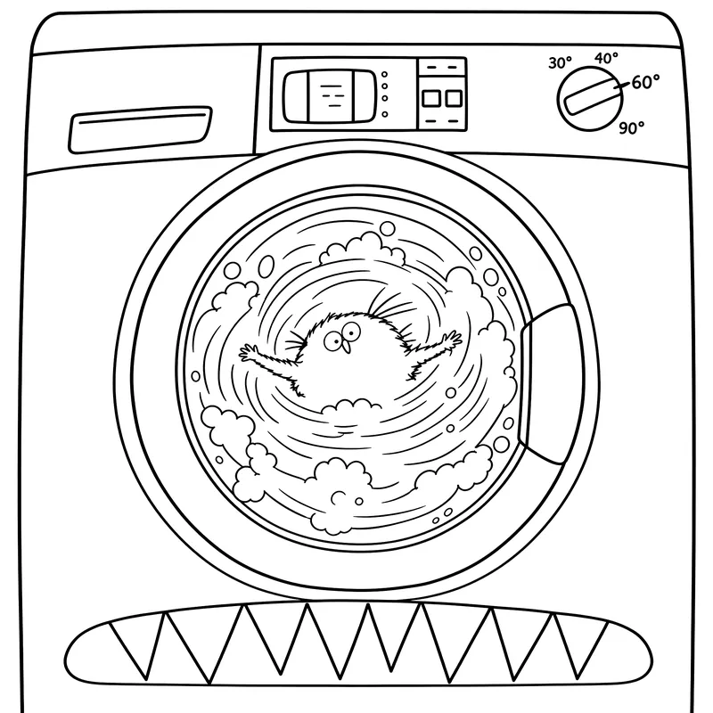 Coloriage à imprimer : Un doudou tourne dans le hublot d’une machine à laver aux dents pointues