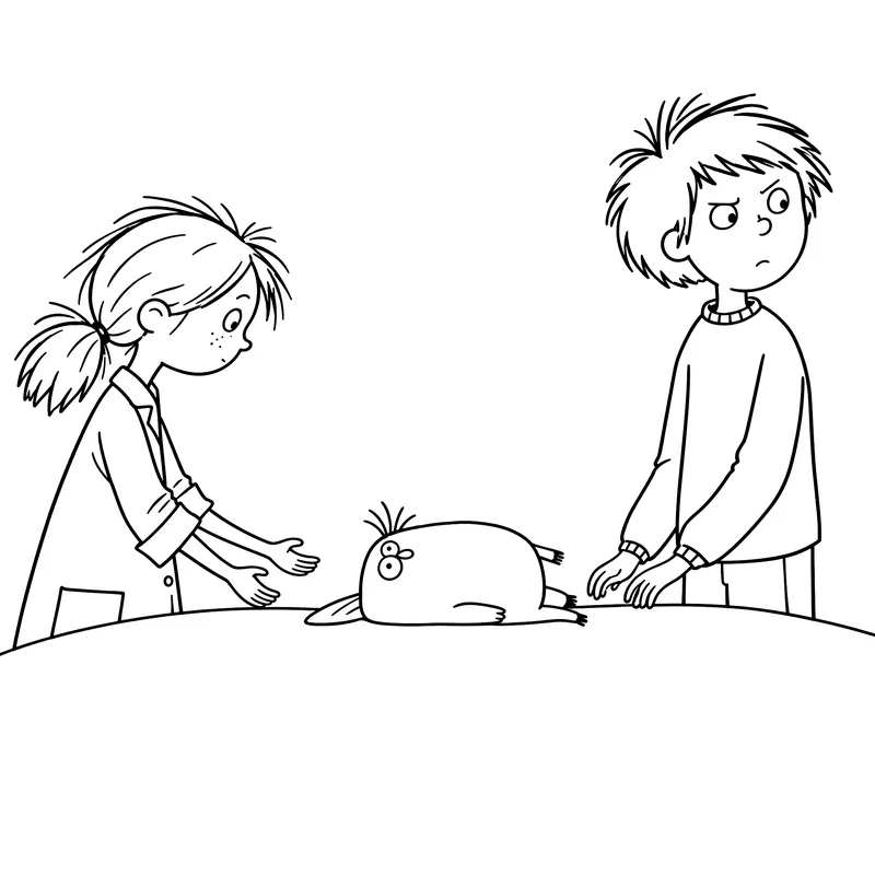 Coloriage à imprimer : Anouk et un garçon penchés sur un doudou tout aplati