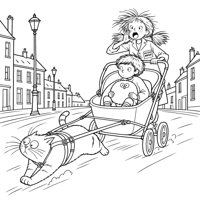 Coloriage à imprimer : Anouk pousse une poussette tirée par un chat, dans une rue au coucher du soleil