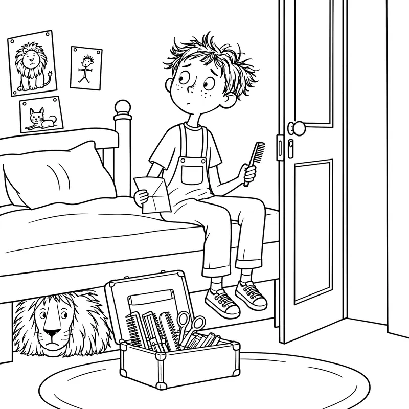 Coloriage à imprimer : Milo dans sa chambre avec sa mallette de coiffeur, et un lion caché sous le lit