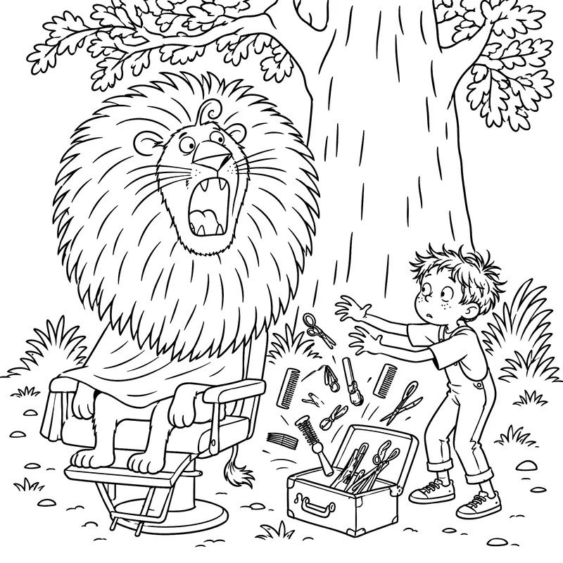 Coloriage à imprimer : Un lion rugit dans le fauteuil de coiffeur, et Milo lâche peignes et ciseaux