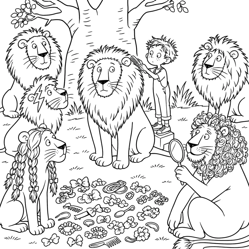 Coloriage à imprimer : Milo coiffe une troupe de lions au pied d’un baobab, au milieu des nœuds et des barrettes