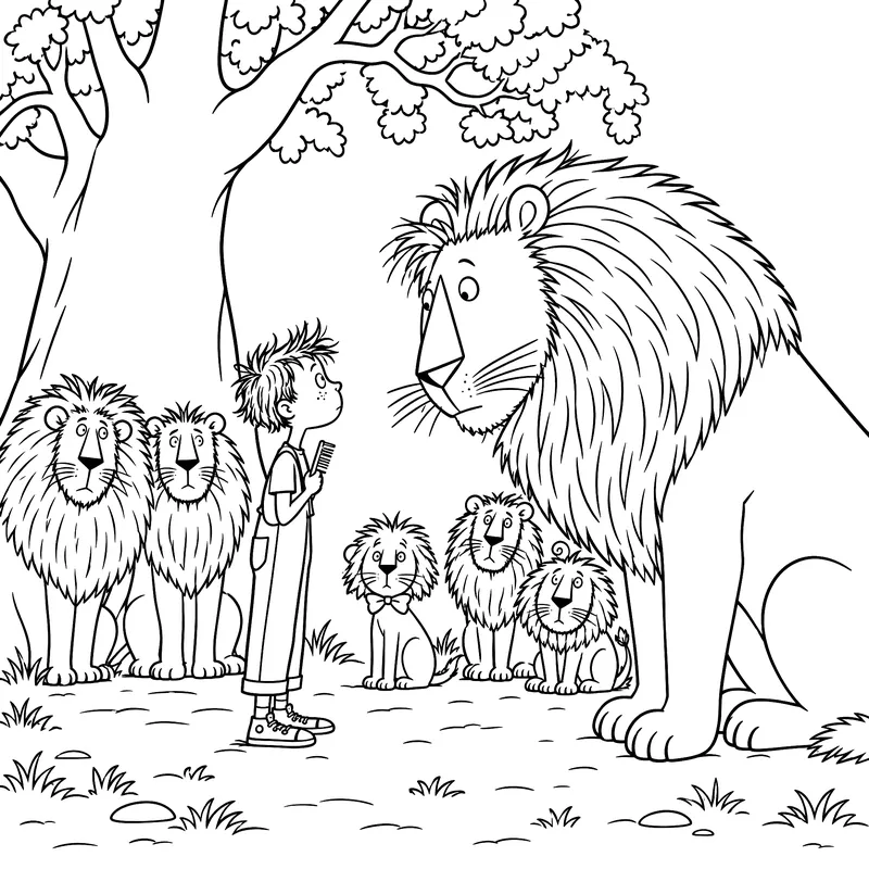 Coloriage à imprimer : Milo face au grand roi lion, entouré de lions et de lionceaux