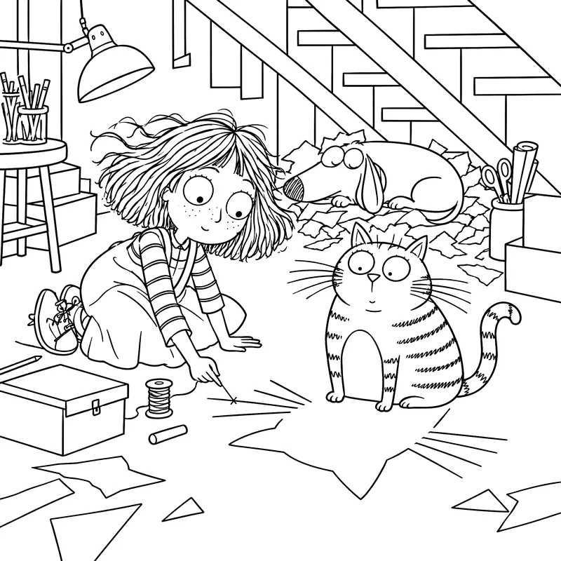 Coloriage à imprimer : Ninon recoud l’ombre d’un chat dans l’atelier, pendant qu’un chien dort