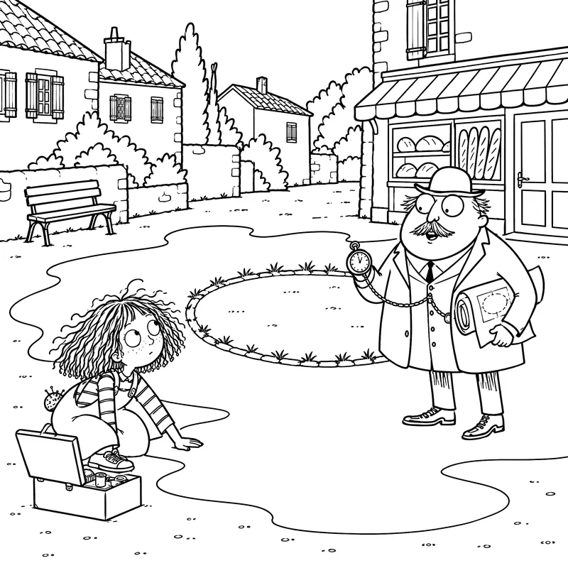 Coloriage à imprimer : Sur la place du village, Ninon et sa boîte à couture face au monsieur au chapeau melon