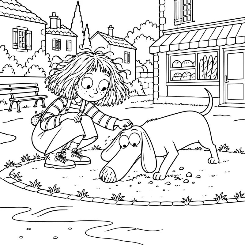 Coloriage à imprimer : Ninon caresse un chien basset sur la place du village