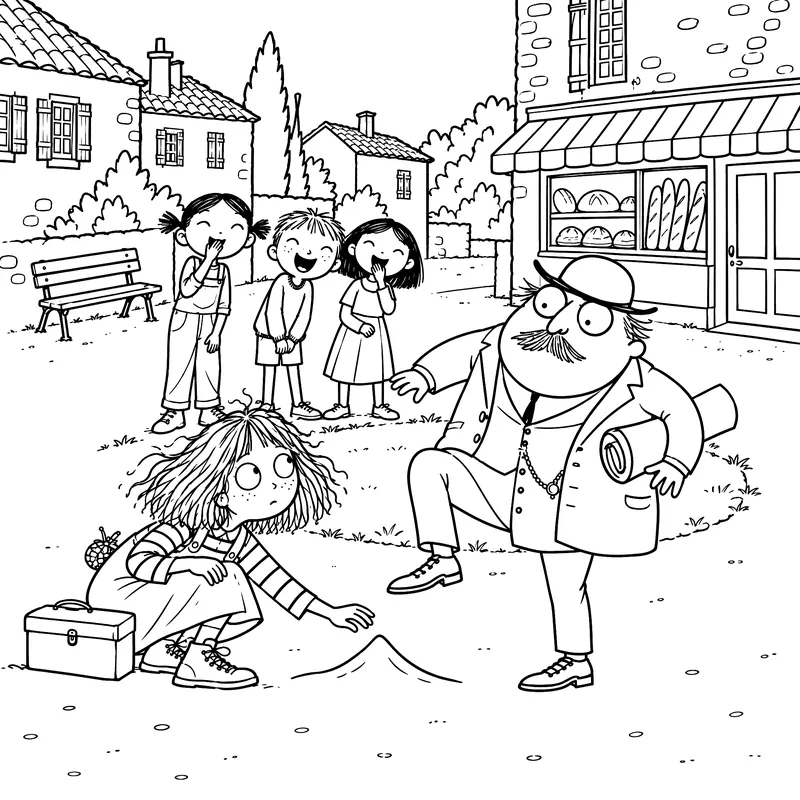 Coloriage à imprimer : Le monsieur au chapeau melon soulève l’ombre, sous les rires des enfants