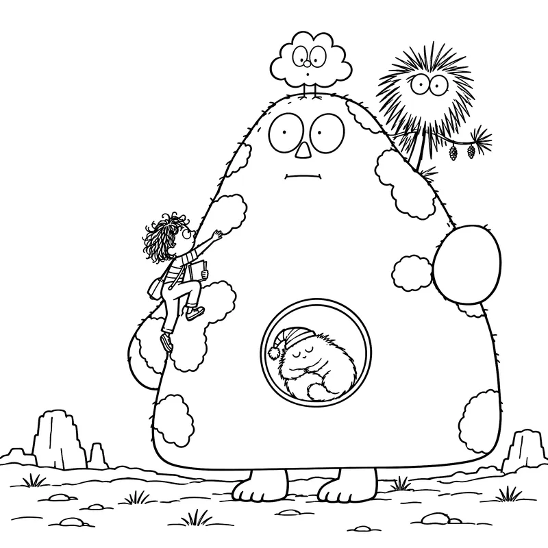 Coloriage à imprimer : Basile escalade Ernestine, qui abrite un petit animal endormi