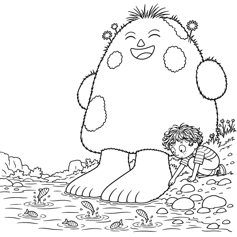 Coloriage à imprimer : Ernestine rit, les pieds dans la rivière, pendant que Basile regarde les poissons