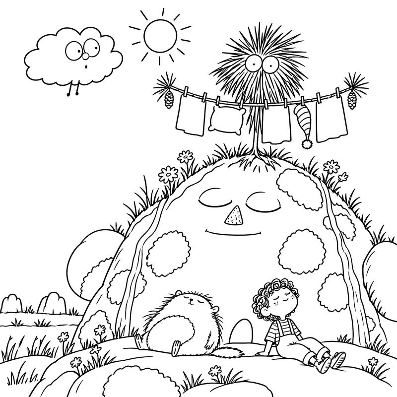 Coloriage à imprimer : Ernestine s’endort dans l’herbe, avec un nuage, un soleil et du linge qui sèche