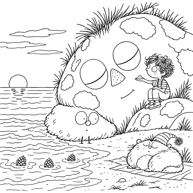 Coloriage à imprimer : Ernestine se repose au bord de la mer, Basile assis sur son épaule