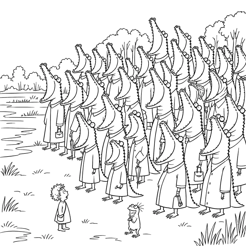 Coloriage à imprimer : Une foule de crocodiles en manteau attend le petit dentiste au marais de Bourbouille