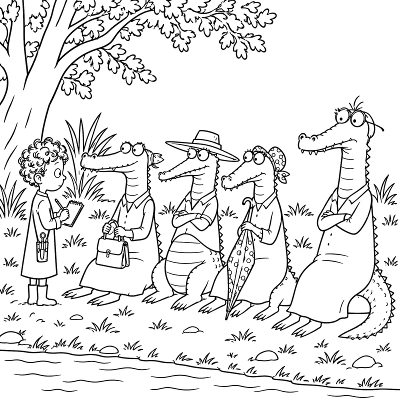 Coloriage à imprimer : Le petit dentiste note les rendez-vous de quatre crocodiles assis au bord de l’eau