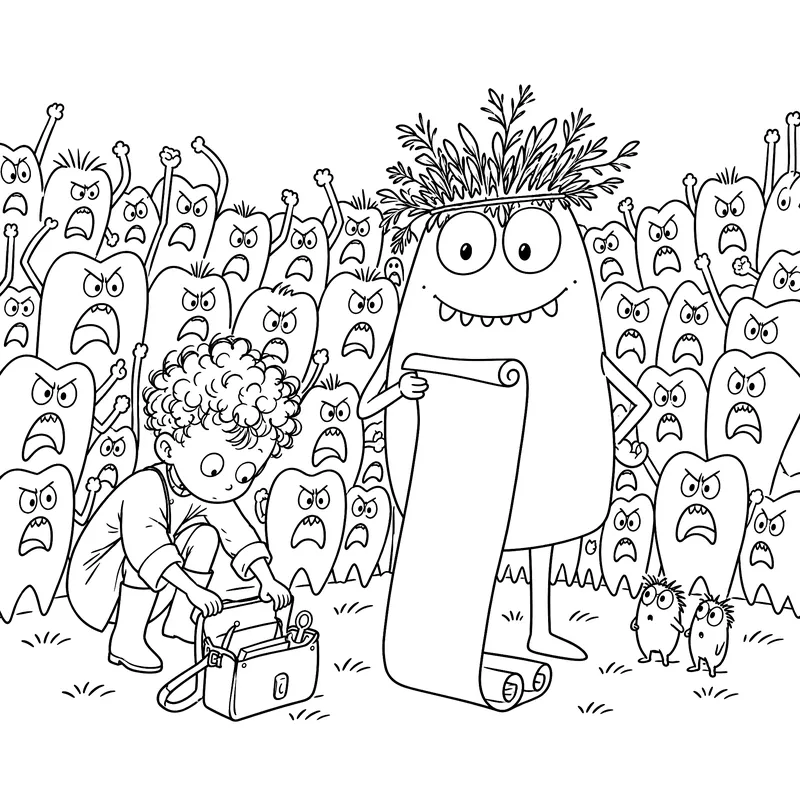 Coloriage à imprimer : Le petit dentiste ouvre sa sacoche devant une foule de dents en colère