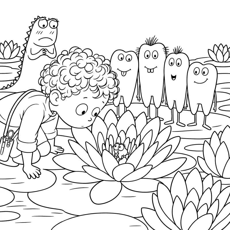 Coloriage à imprimer : Le petit dentiste se penche sur un nénuphar, sous le regard d’un crocodile et de quatre dents