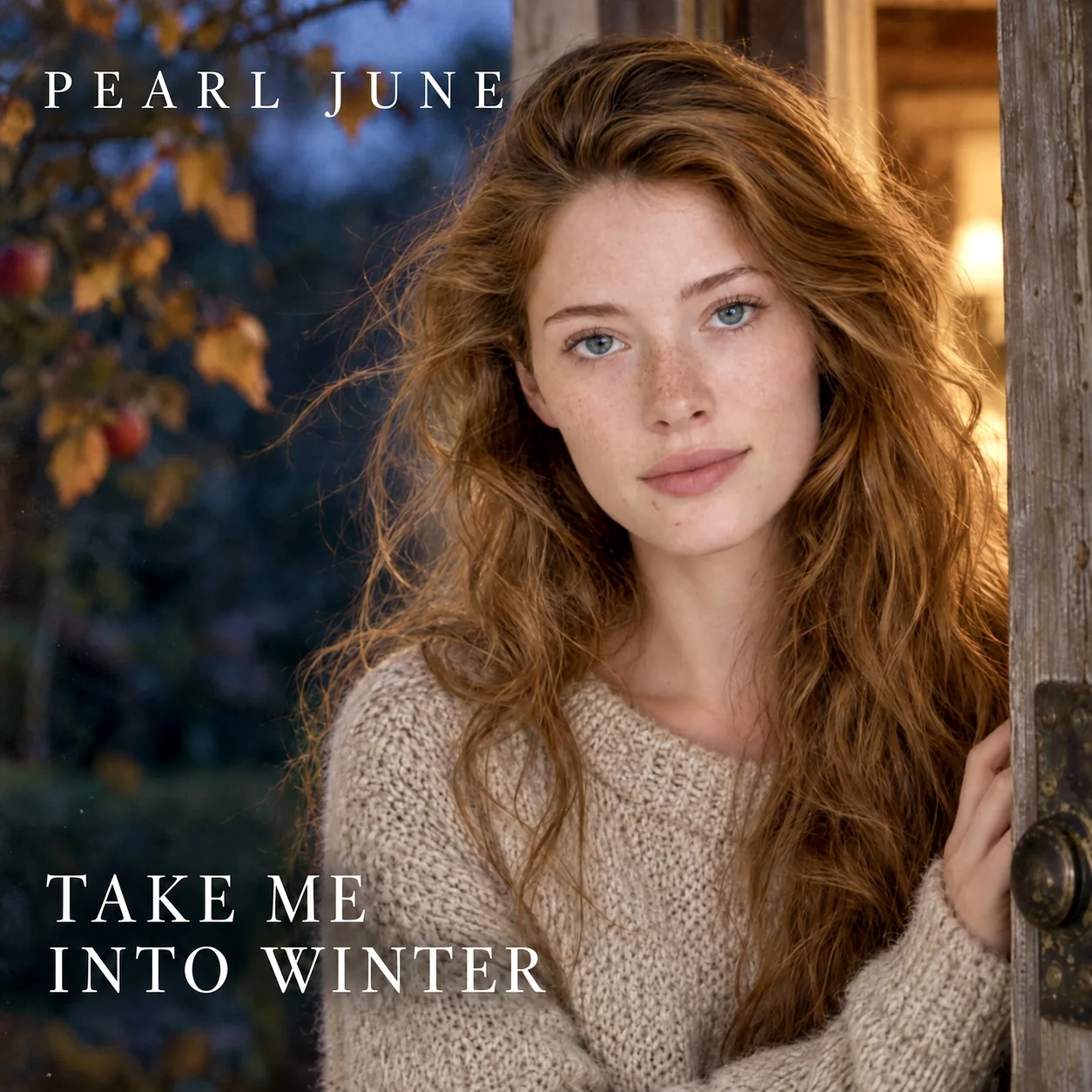 Pearl June — Take Me Into Winter : une jeune femme en pull de laine, appuyée contre une porte en bois, un soir d’automne.