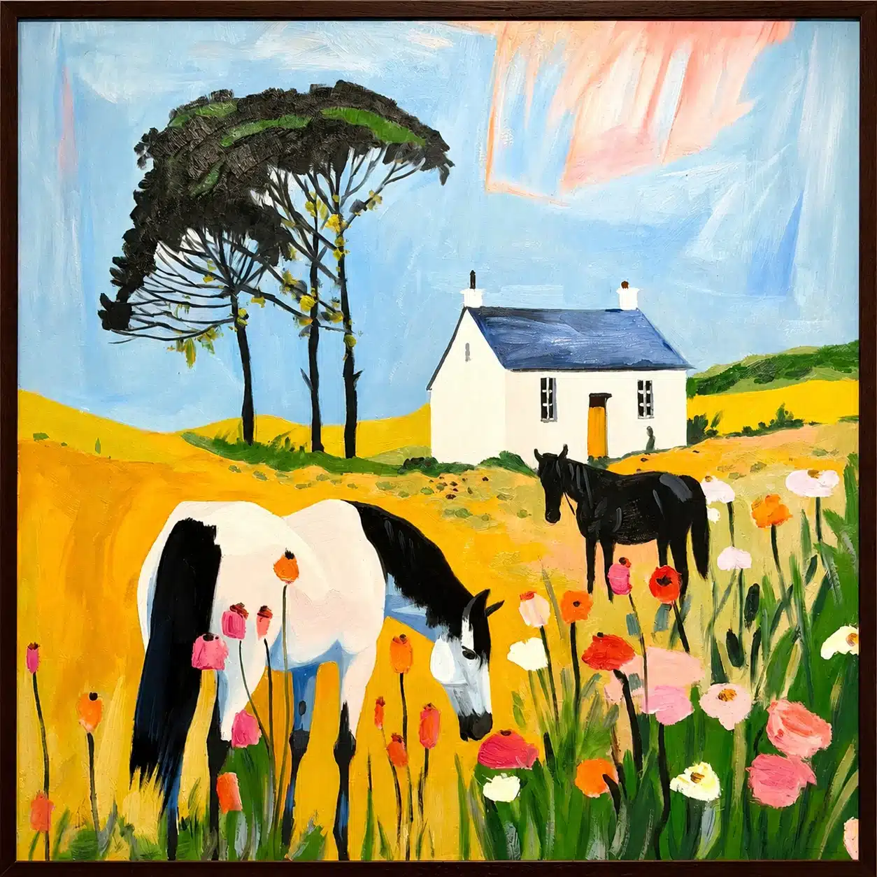 Un cheval blanc et un cheval noir dans un champ de fleurs, devant une maison blanche au toit bleu.