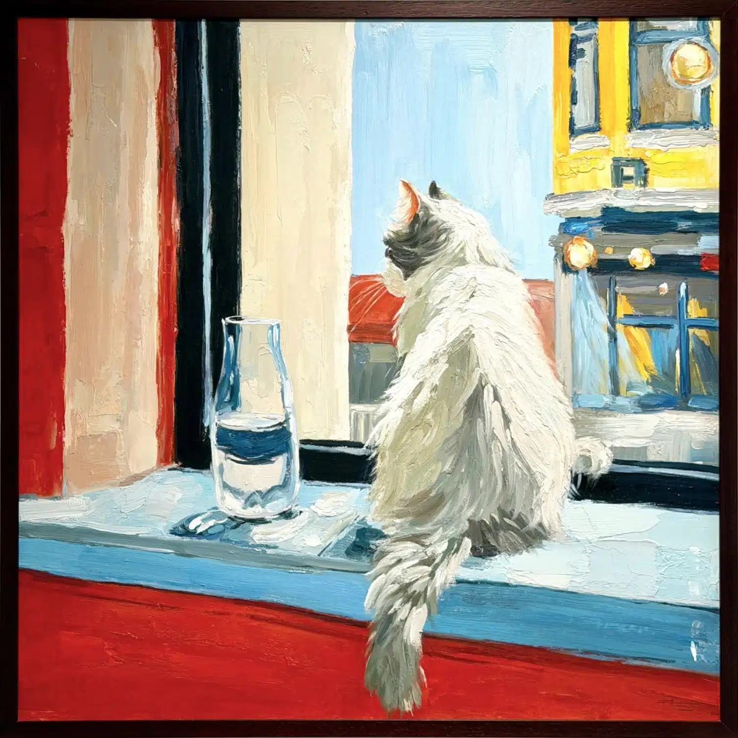 Un chat blanc assis sur le rebord d’une fenêtre, près d’une carafe d’eau, face à un immeuble jaune.