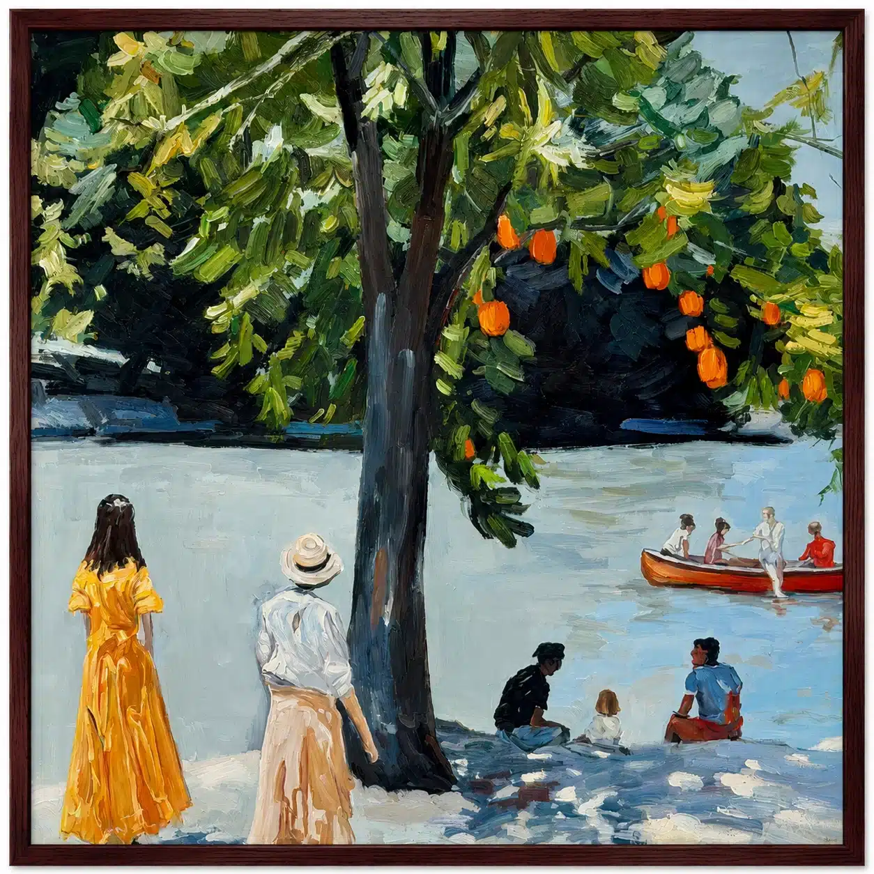 Deux promeneuses, une barque rouge et des amis assis au bord de l’eau, sous un arbre chargé de fruits orange.
