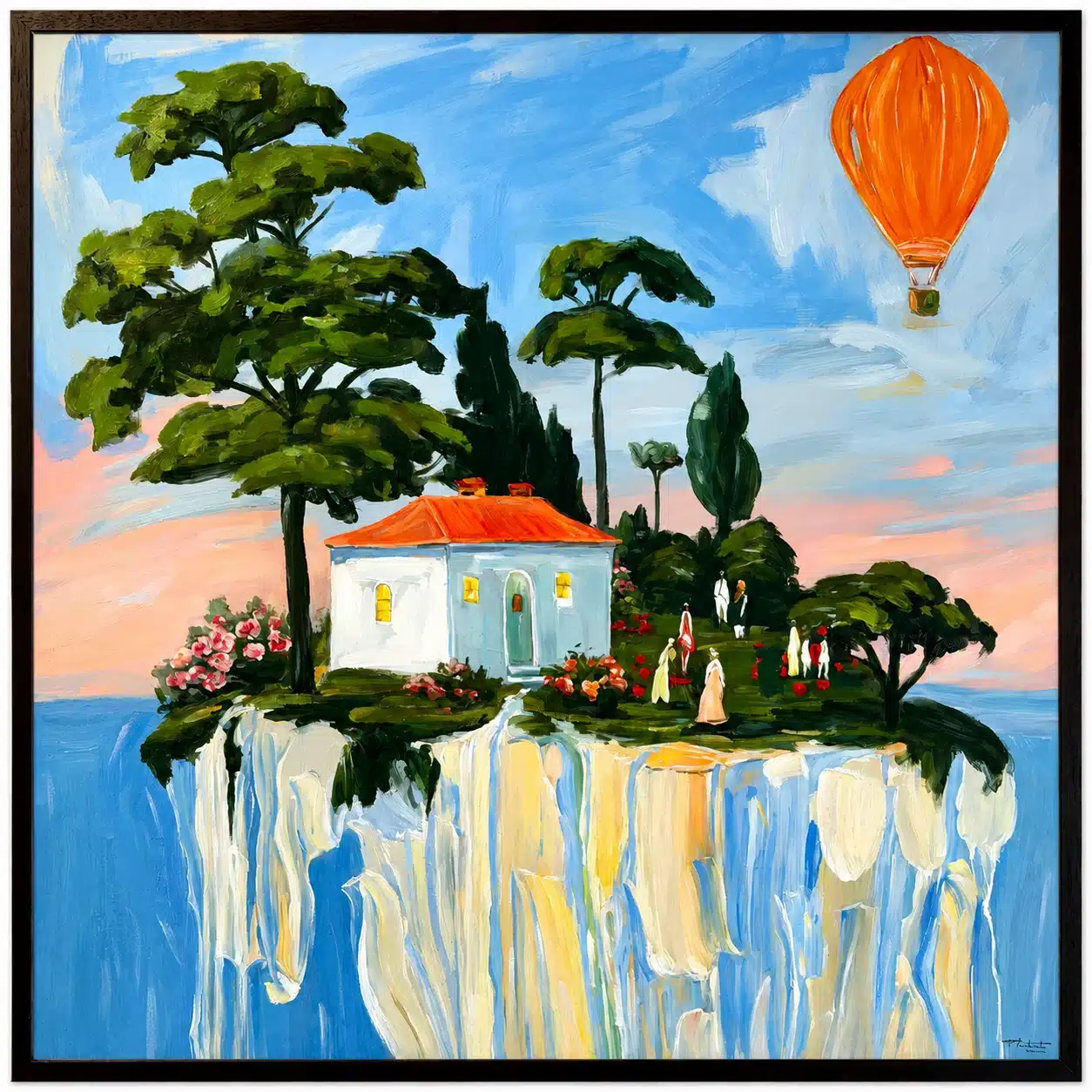 Une maison et des arbres sur une île suspendue au-dessus de la mer, une montgolfière orange dans le ciel.