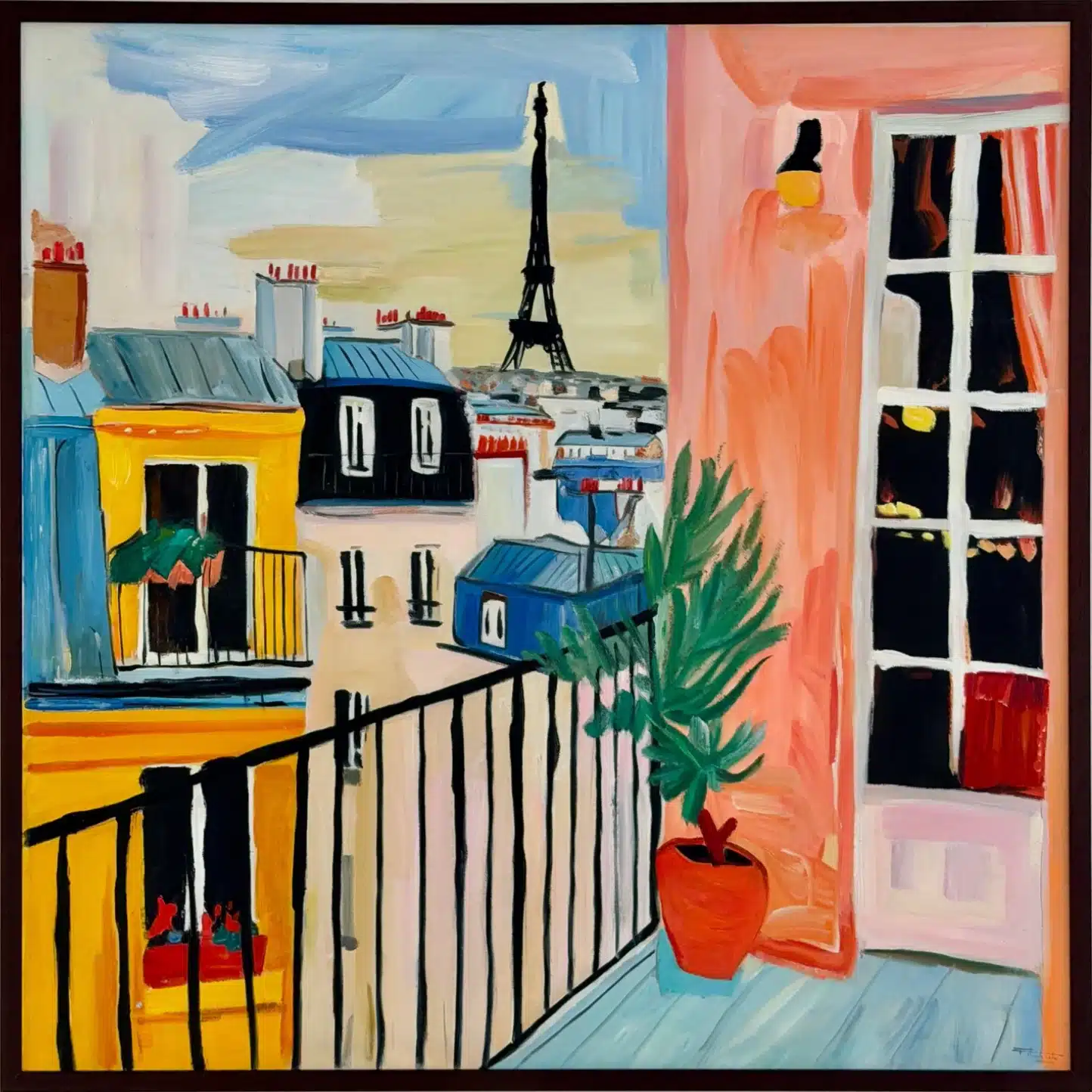Un balcon aux murs roses et une plante en pot rouge, avec vue sur les toits de Paris et la tour Eiffel.