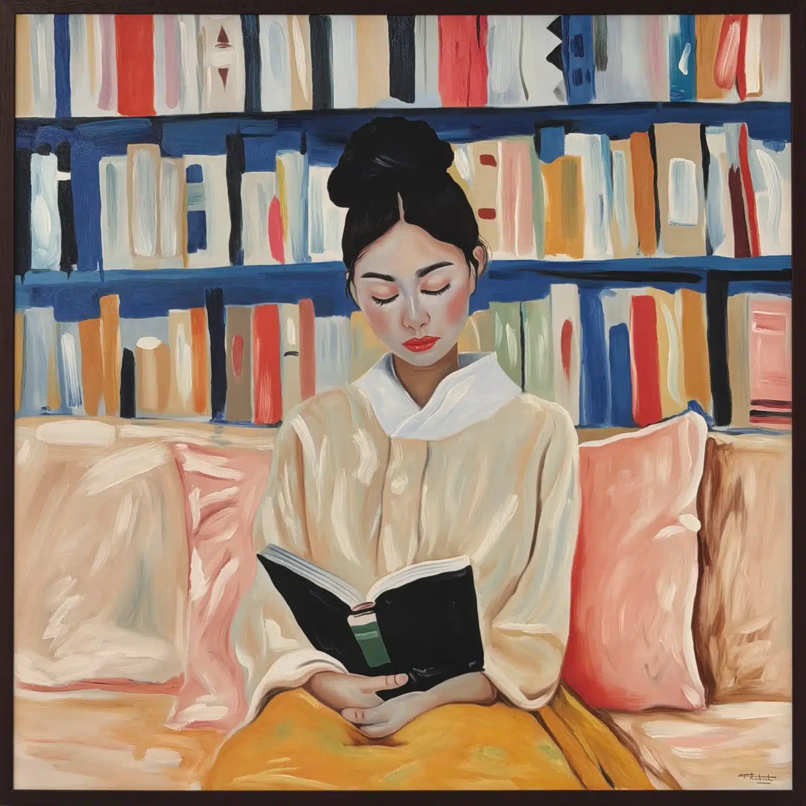 Une jeune femme aux cheveux noirs lit sur un canapé aux coussins roses, devant une bibliothèque.