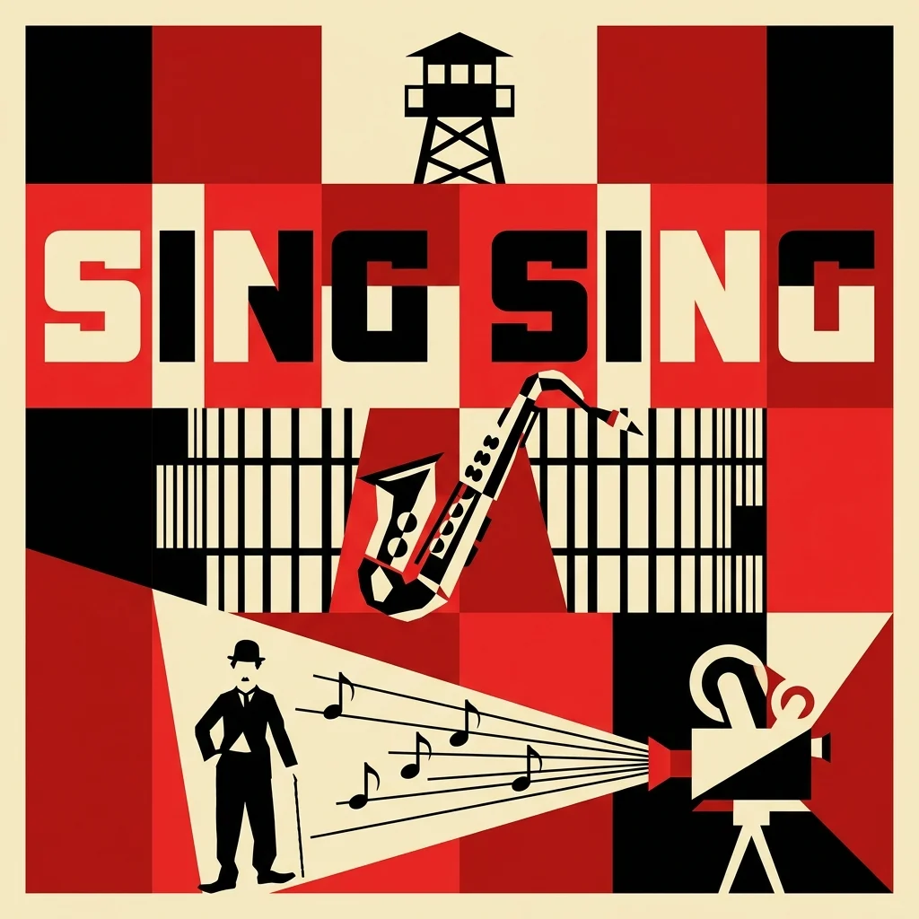 Pochette de Sing Sing Lights : composition rouge, noire et crème, avec Charlot, un saxophone, des barreaux et un projecteur de cinéma.